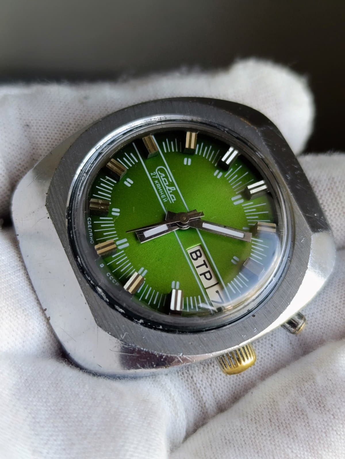 Vintage Slava USSR Automatic Watch 27 Jewels Cal 2427 Day Date Green Dial 1980s – thumbnail 8