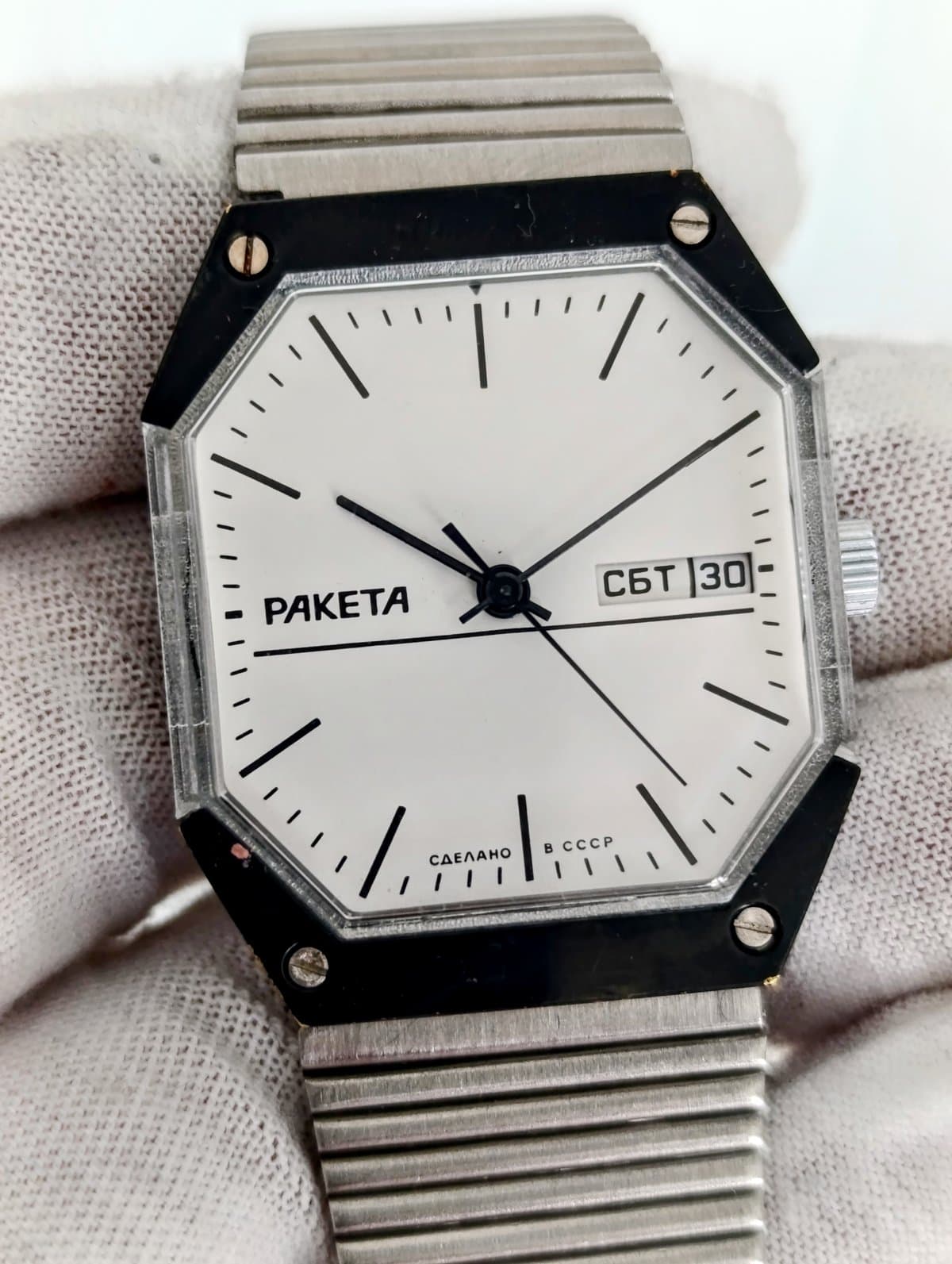 Vintage Raketa Star Wars USSR Watch Mechanical Day Date White Dial 2628H  – thumbnail 12