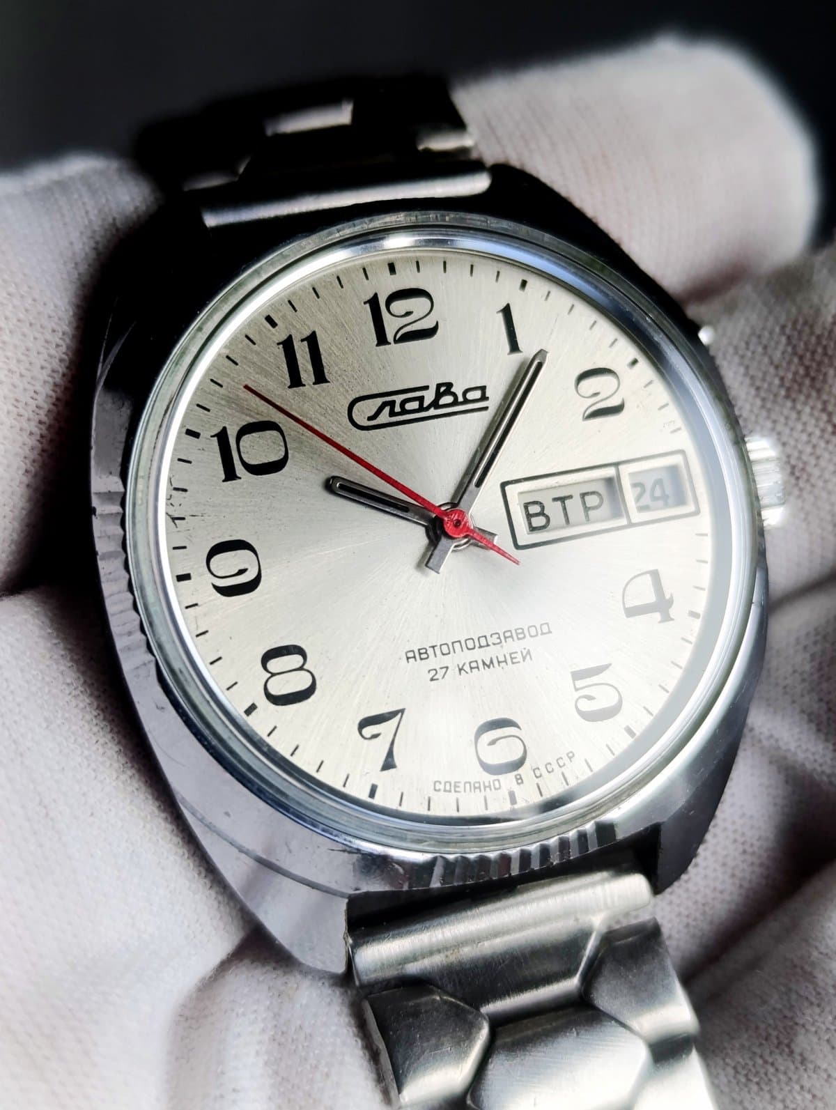 Vintage Slava Automatic Watch 2427 27 Jewels Soviet USSR Day Date – thumbnail 4