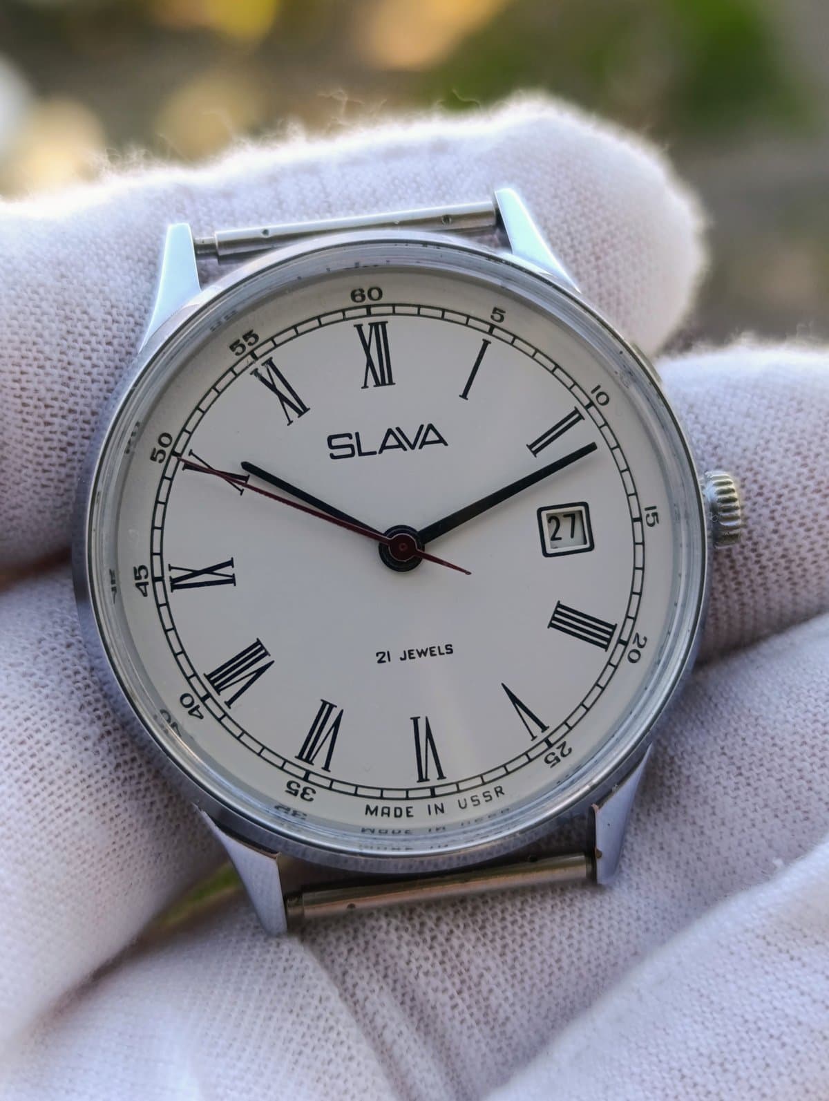 Vintage Slava 2414 · Soviet Manual-Wind Dress Watch · White Roman Dial, Date – thumbnail 10