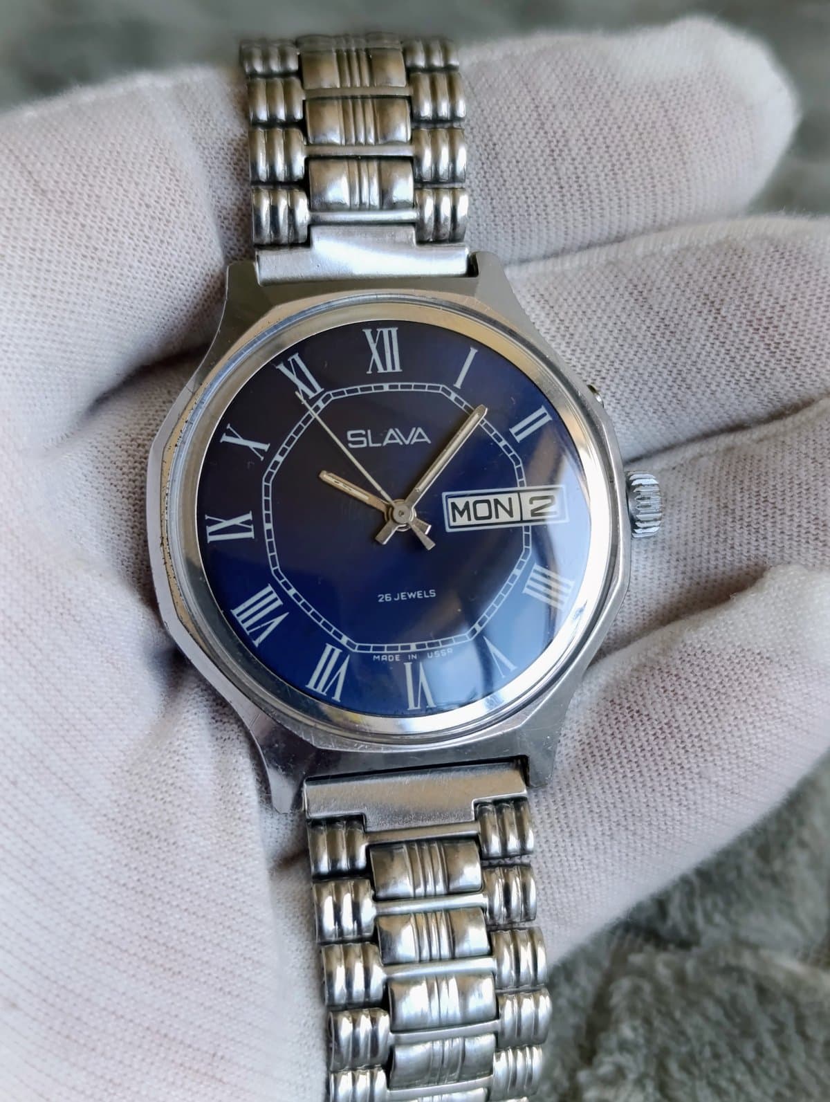 Vintage Slava Soviet Watch USSR Cal 2428 26 Jewels Day Date Navy Dial 1980s  – thumbnail 7
