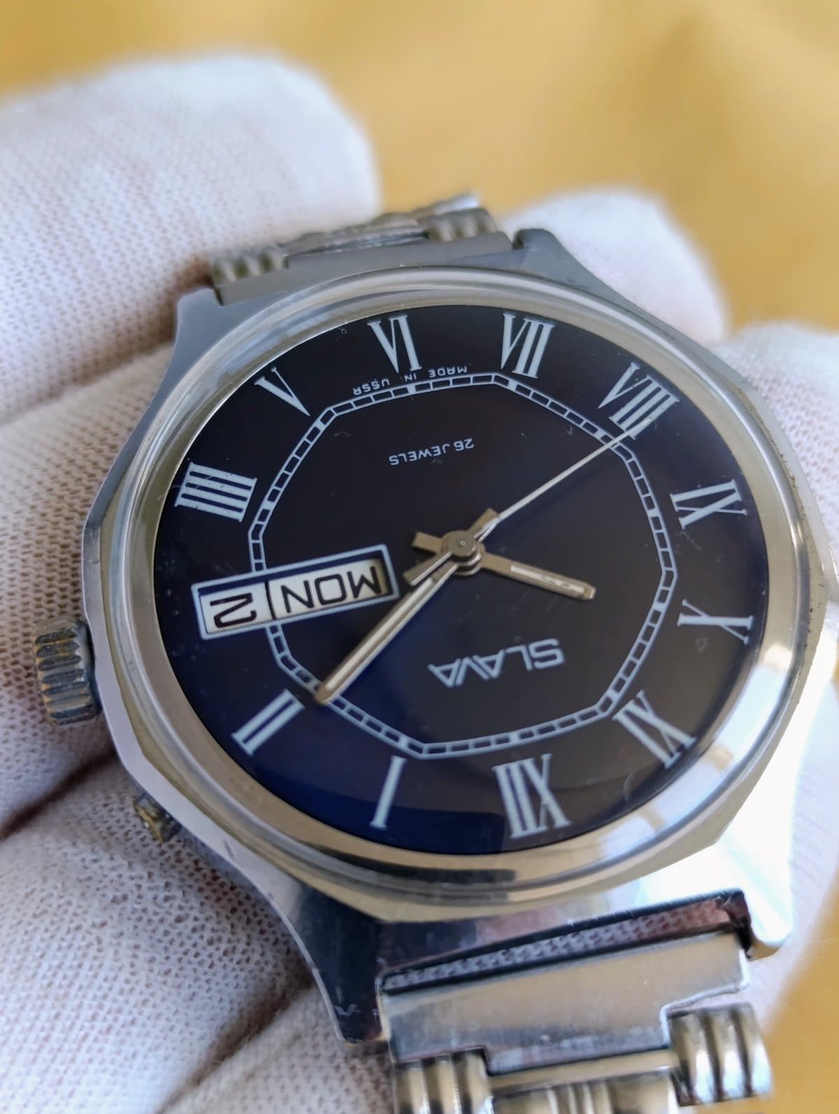 Vintage Slava Soviet Watch USSR Cal 2428 26 Jewels Day Date Navy Dial 1980s  – thumbnail 5