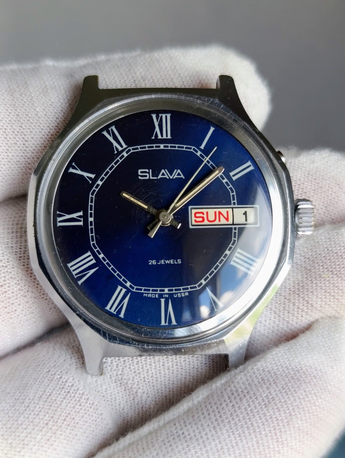 Vintage Slava Soviet Watch USSR Cal 2428 26 Jewels Day Date Navy Dial 1980s  – thumbnail 3