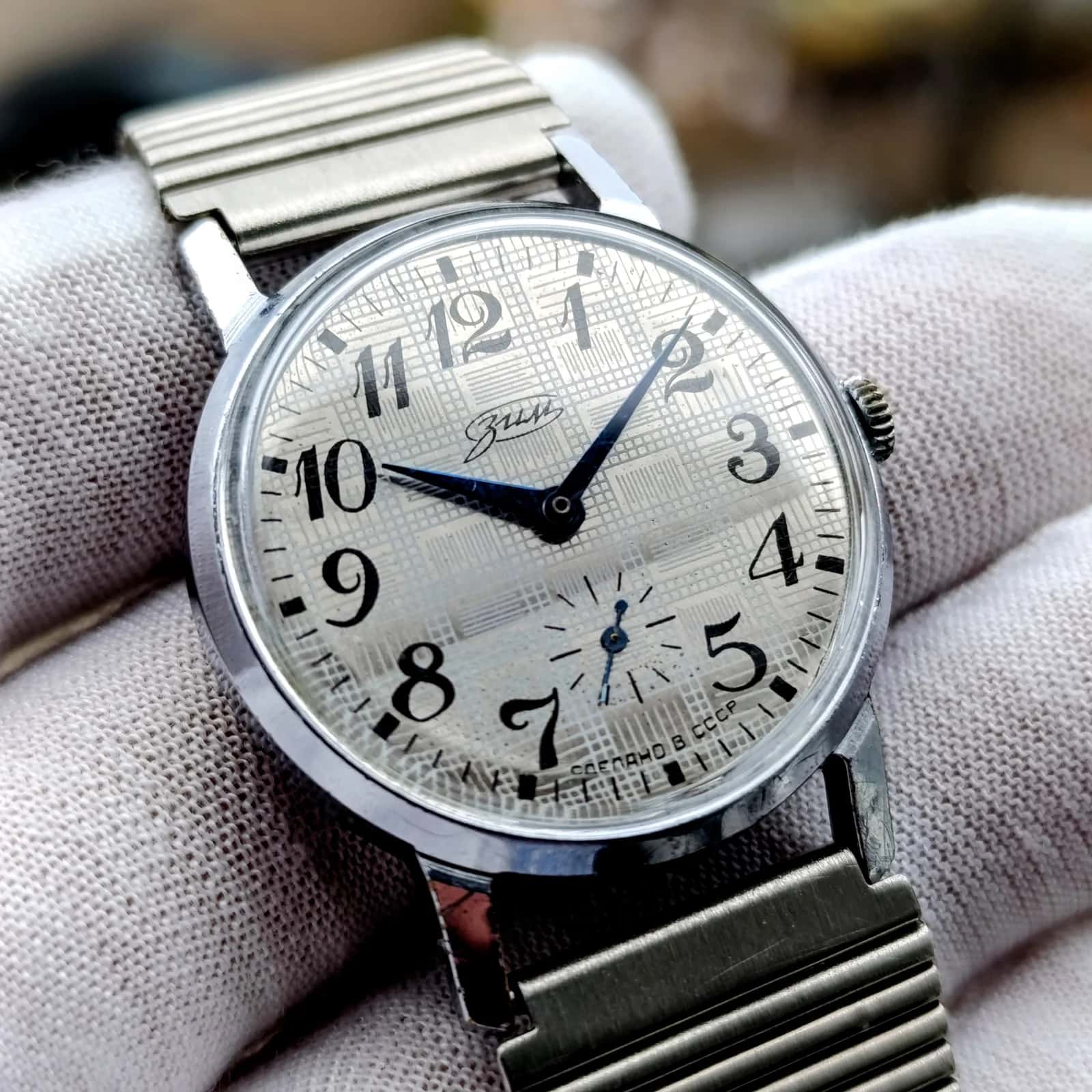 Rare ZIM Soviet Wristwatch – Geometric Shimmer Dial + Original 1989 Stainless Bracelet